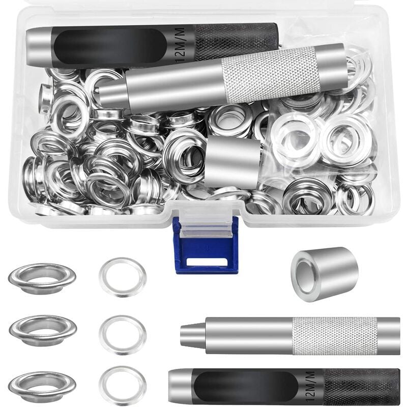 foto del prodotto kit di occhielli strumenti 12mm occhielli in metallo set 100 set kit occhielli per tela telone tenda riparazione argento 1 2 pollice 