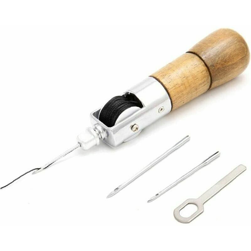 foto del prodotto kit di punteruolo per cucire la pelle con manico in legno, macchina da cucire a mano professionale per cucire la pelle, strumento di bloccaggio per