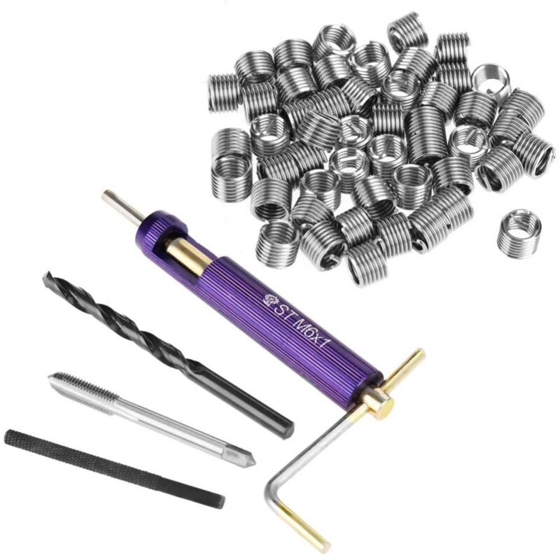 foto del prodotto kit di riparazione filettature m6 da 50 pezzi, inserto filettato in filo di acciaio inossidabile, con chiave per trapano elicoidale, strumento per