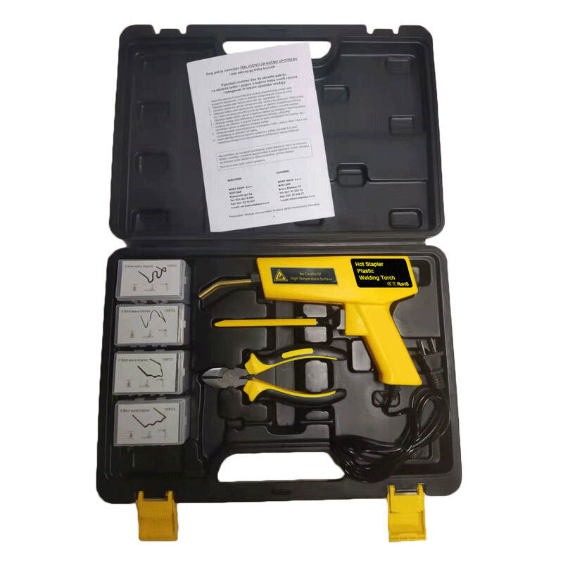 foto del prodotto kit di riparazione per saldatura plastica 2 in 1 da 120 w con 4 tipi di punti metallici a caldo da 400 pezzi e 1 cazzuola per riparare paraurti e