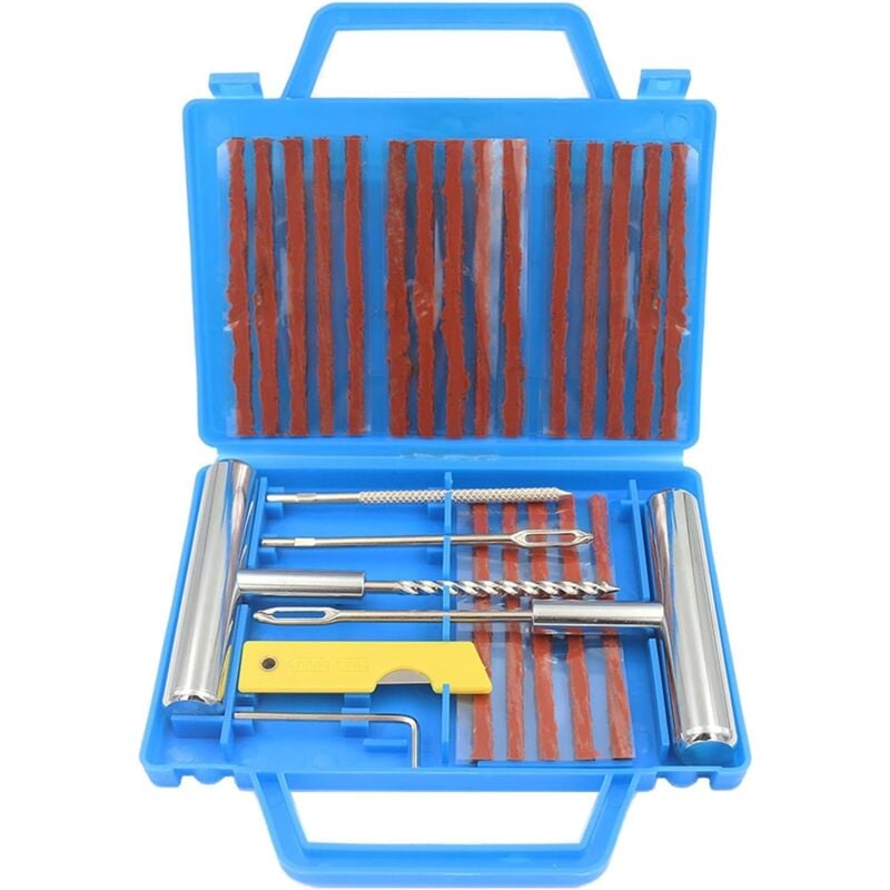foto del prodotto kit di riparazione pneumatici da 28 pezzi, strumenti di riparazione pneumatici per impieghi gravosi e set di riparazione pneumatici per auto, moto,