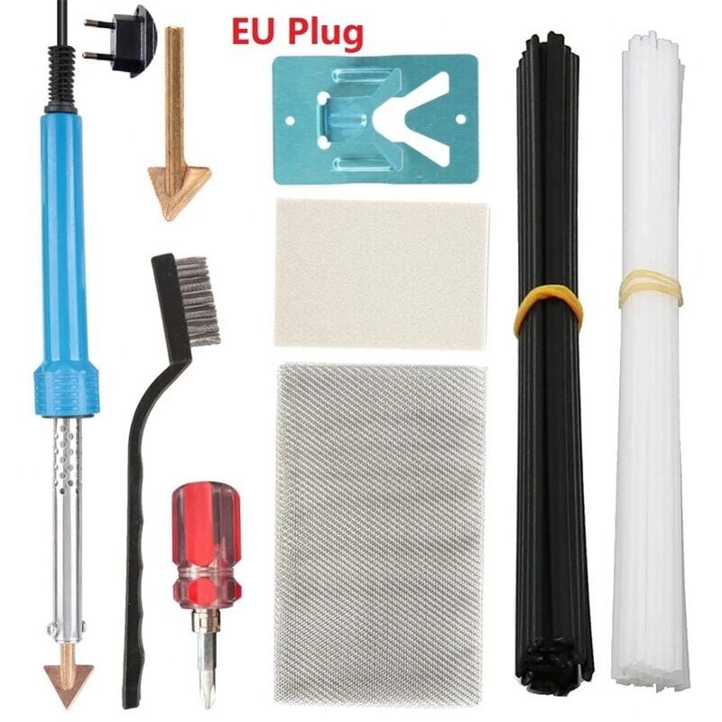 foto del prodotto kit di saldatura in plastica, kit di riparazione per saldatore da 80 w, saldatrice in plastica a temperatura regolabile, rete toppa, supporto per
