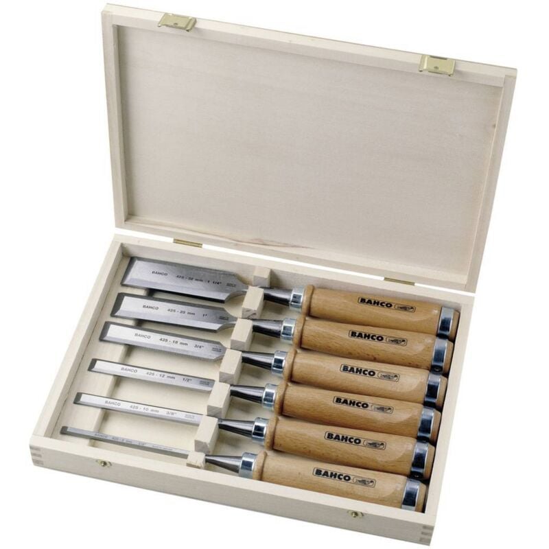 foto del prodotto kit di scalpelli per legno, 6 pz, scatola di legno, 6, 10, 12, 18, 25, 32 mm bahco 425 083