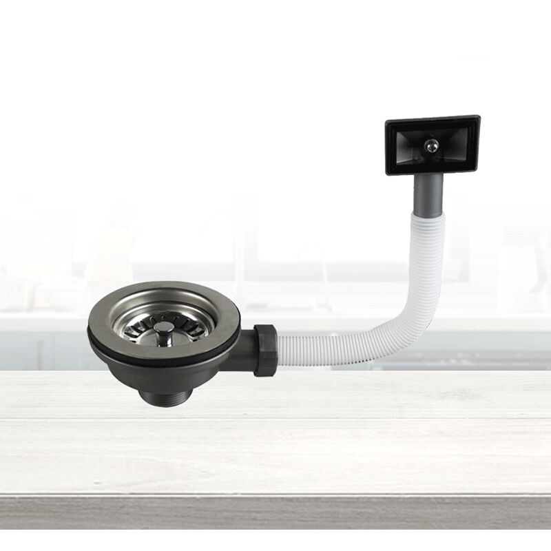 foto del prodotto kit di scarico per lavello da cucina con troppo pieno, tappo di scarico quadrato in acciaio inox da 114 mm, filtro a cestello per lavello da cucina e