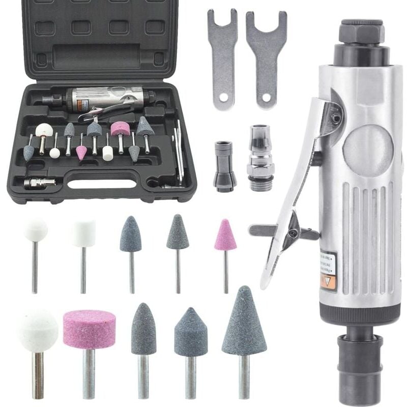 foto del prodotto kit di smerigliatrice pneumatica da 16 pezzi, mini smerigliatrice pneumatica dritta da 25000 giri min per riparazione pneumatici e altre applicazioni
