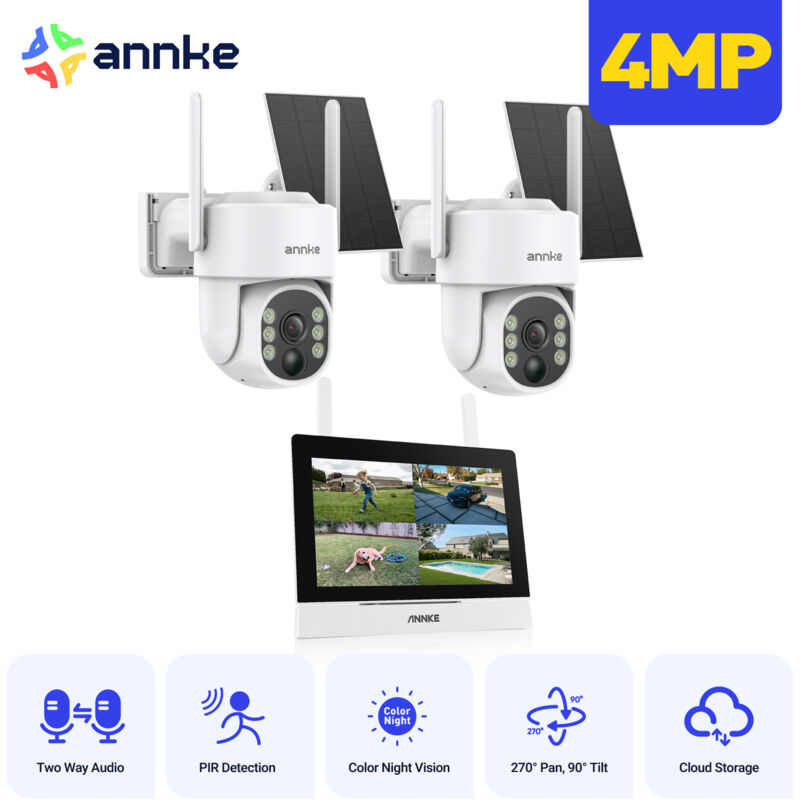 foto del prodotto kit di sorveglianza wireless 4mp, pir umanoide, audio bidirezionale, pannelli solari, 2 telecamere esterne annke