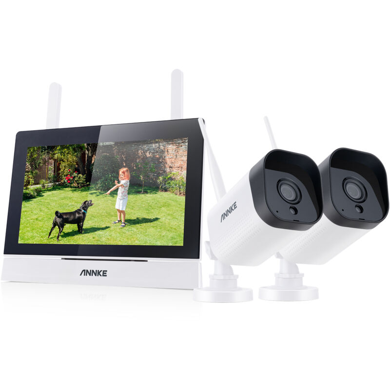 foto del prodotto kit di sorveglianza wireless con schermo lcd da 7 , nvr 4ch 5mp con touch screen ips, 2 telecamere di sicurezza wifi esterne da 3mp, visione
