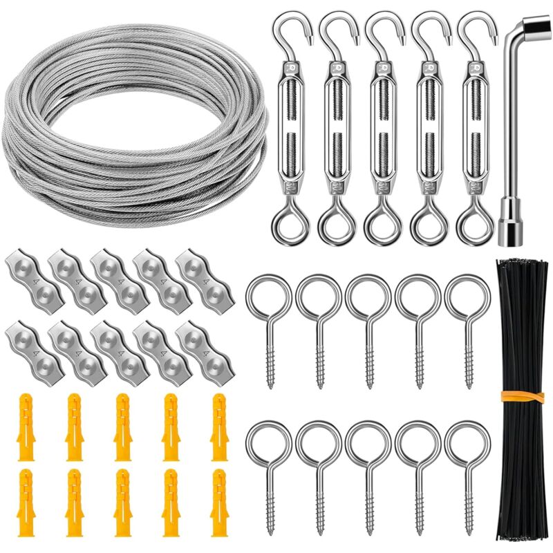 foto del prodotto kit di sospensione per cavi in acciaio inossidabile, cavo metallico da 30 m 3 mm, kit per cavi da giardino, cavo per quadri, kit per recinzioni, cavo