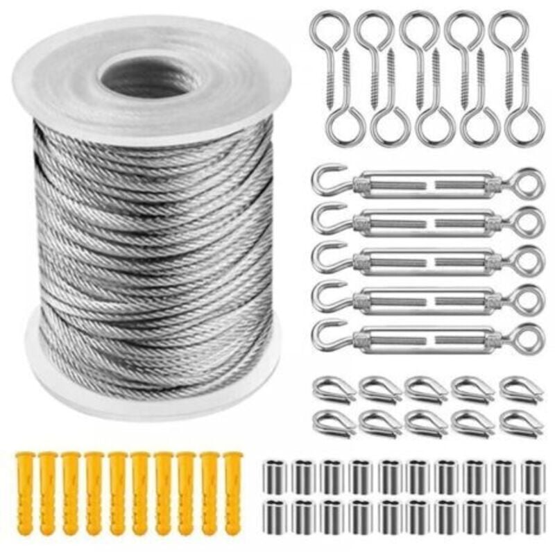 foto del prodotto kit di sospensione per fune metallica in acciaio inossidabile, tenditore per fune metallica in pvc, adatto per fune per tende, stendibiancheria,