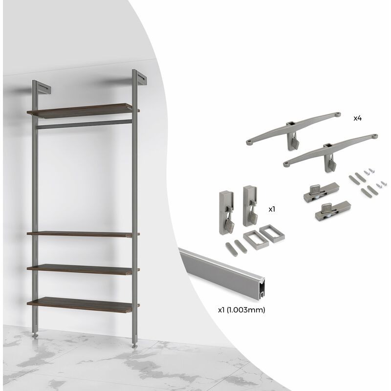 foto del prodotto kit di staffeper 4 ripiani in legno e 1 asta appendiabiti lunga 1 m zero, alluminio e zama e tecnoplastica, verniciato grigio pietra verniciato