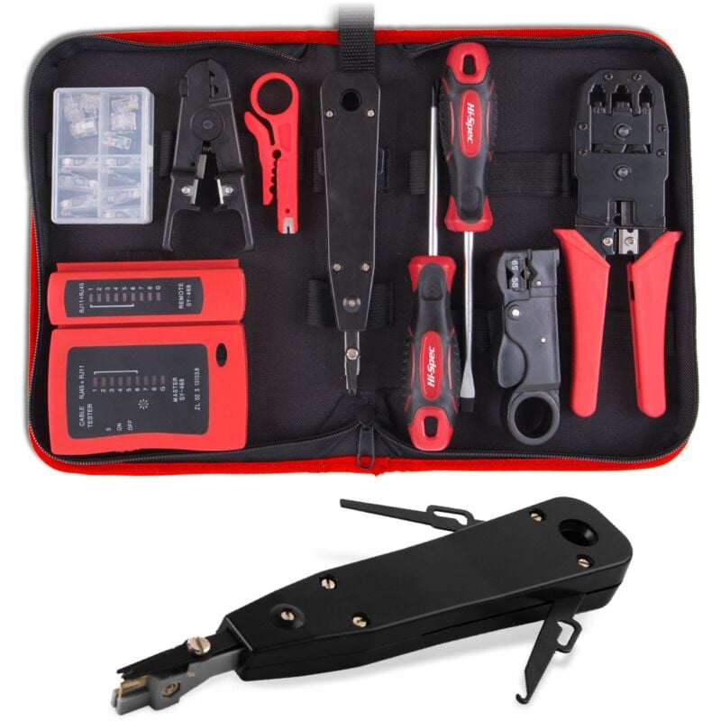 foto del prodotto kit di strumenti di rete professionale da 19 pezzi con tester per cavi, crimpatrice e accessori per l installazione e la riparazione di computer e
