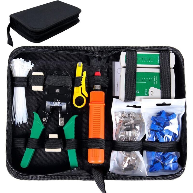 foto del prodotto kit di strumenti di riparazione cavi di rete professionale 9 in 1, kit di strumenti di manutenzione di rete, set di strumenti di rete per tester lan