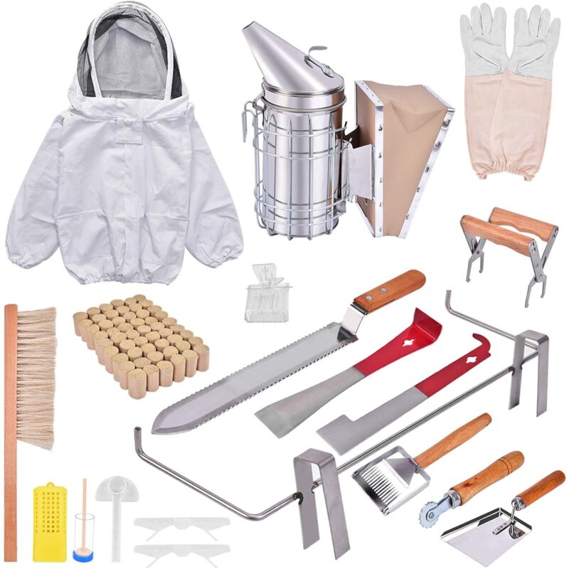 foto del prodotto kit di strumenti per apicoltori da 19 pezzi, forniture essenziali per alveari, kit di avviamento professionale per apicoltura con giacca grande, kit