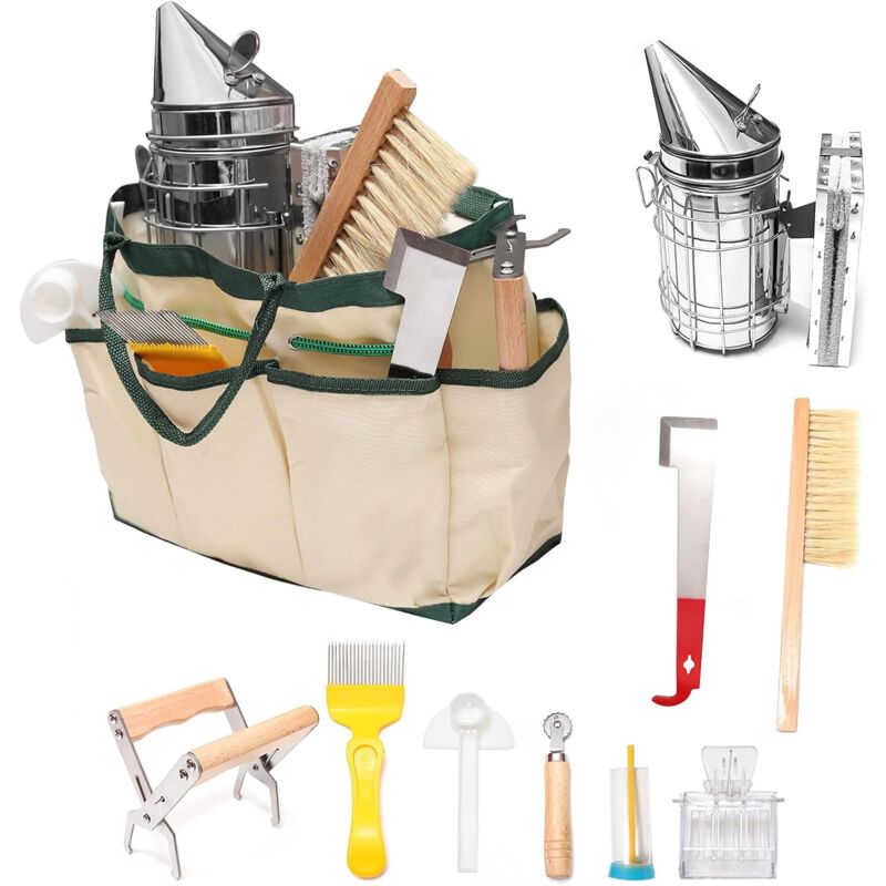 foto del prodotto kit di strumenti per apicoltura con organizer, kit di avviamento per principianti, forniture durevoli per api, set regalo tutto in uno da 10 pezzi