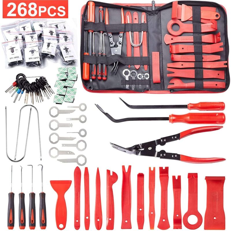 foto del prodotto kit di strumenti per la rimozione delle finiture da 268 pezzi per pannelli accessori portiera autoradio, cruscotti automobilistici con perni di fissaggio, set di pinze ed estrattore di fissaggio