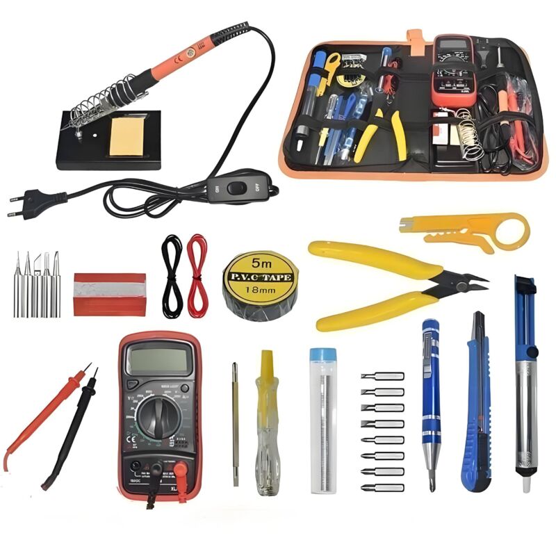 foto del prodotto kit di strumenti per saldatore elettronico da 29 pezzi, saldatore con interruttore on off, temperatura regolabile 60w 220v, 5 punte per saldatore,