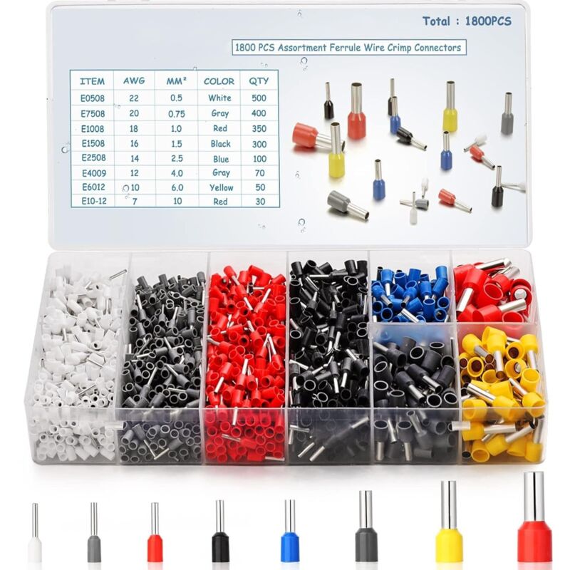 foto del prodotto kit di terminali per ghiere per cavi da 1800 pezzi, connettore terminale awg 22 10, terminali per pin di cavi isolati per sistemi di controllo