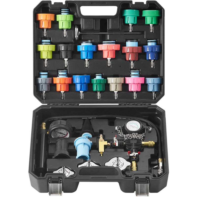 foto del prodotto kit di tester di pressione del radiatore da 28 pezzi, strumento di riempimento della pressione e del vuoto del refrigerante con pompa manuale, tappi