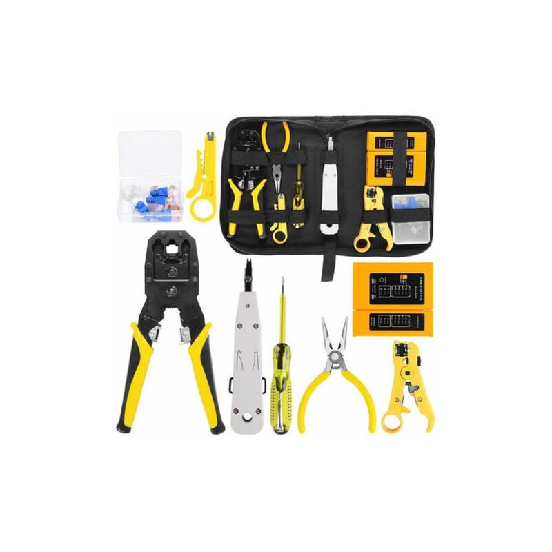 foto del prodotto kit di utensili manuali rj45 rj11 rj12 kit di utensili per la riparazione di reti con tester per cavi, crimpatrice per terminali a molla