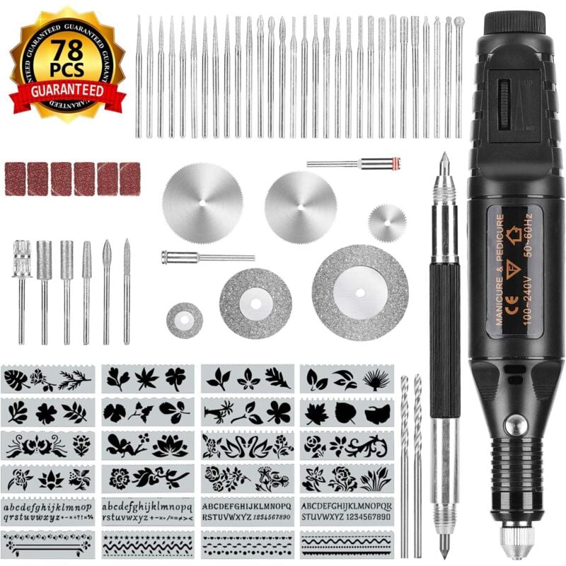 foto del prodotto kit di utensili per incisione da 78 pezzi, penna per incisione elettrica in metallo, incisione elettrica su legno con scriba, 52 punte e 24 stencil,