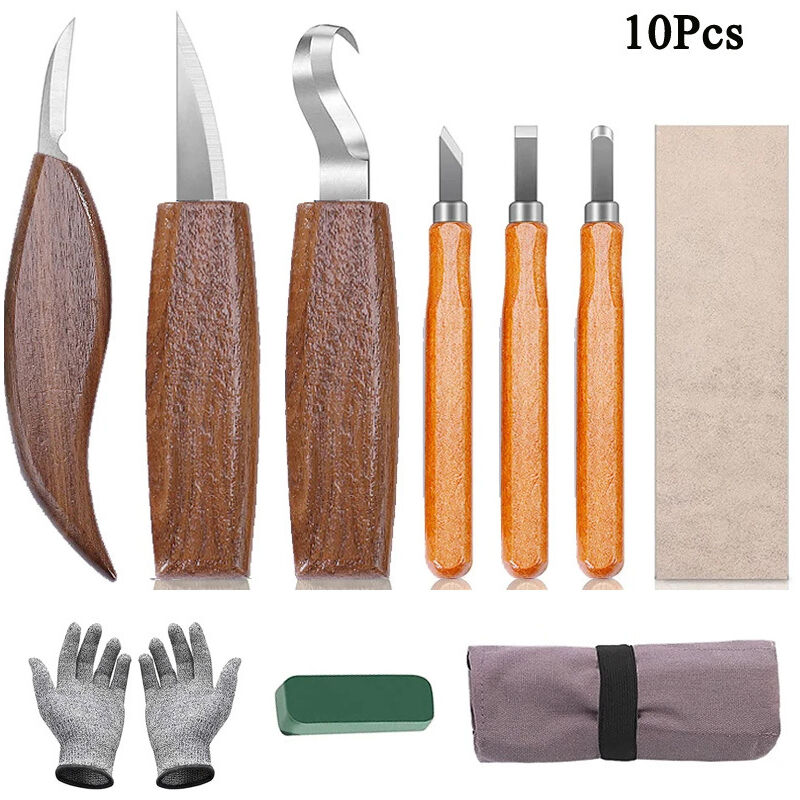 foto del prodotto kit di utensili per intaglio del legno 10 in 1, comprendente gancio per intaglio, utensile per intaglio del legno, utensile per intaglio a trucioli e