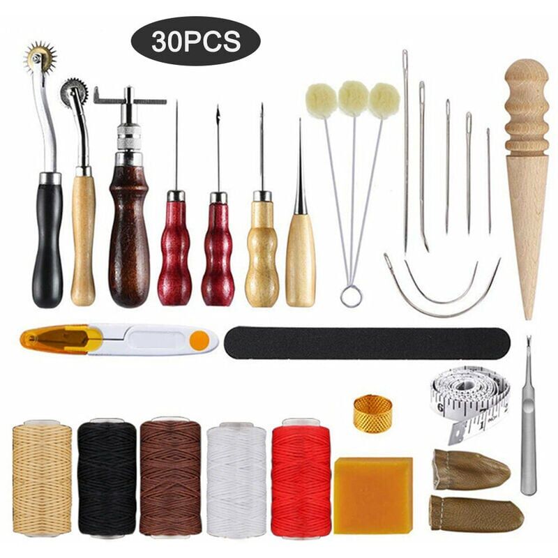 foto del prodotto kit di utensili per la pelle da 30 pezzi, strumenti per la lavorazione della pelle, kit di riparazione di base per cucire la pelle, aghi per cucire a