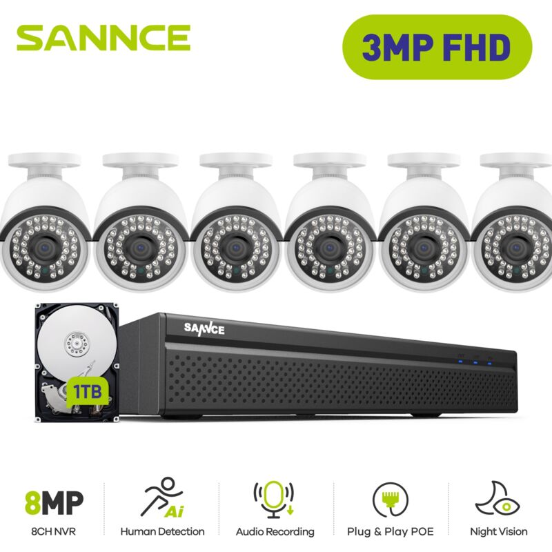 foto del prodotto kit di videosorveglianza,8ch nvr with 3mp 6 poe telecamera di sicurezza visione notturna telecamera videosorveglianza esterno,1tb hdd sannce