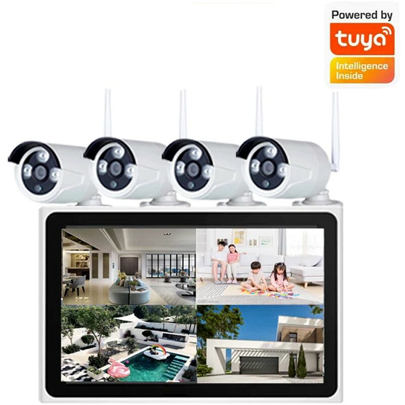 foto del prodotto kit di videosorveglianza con 4 telecamere wifi e monitor da 10 tuya