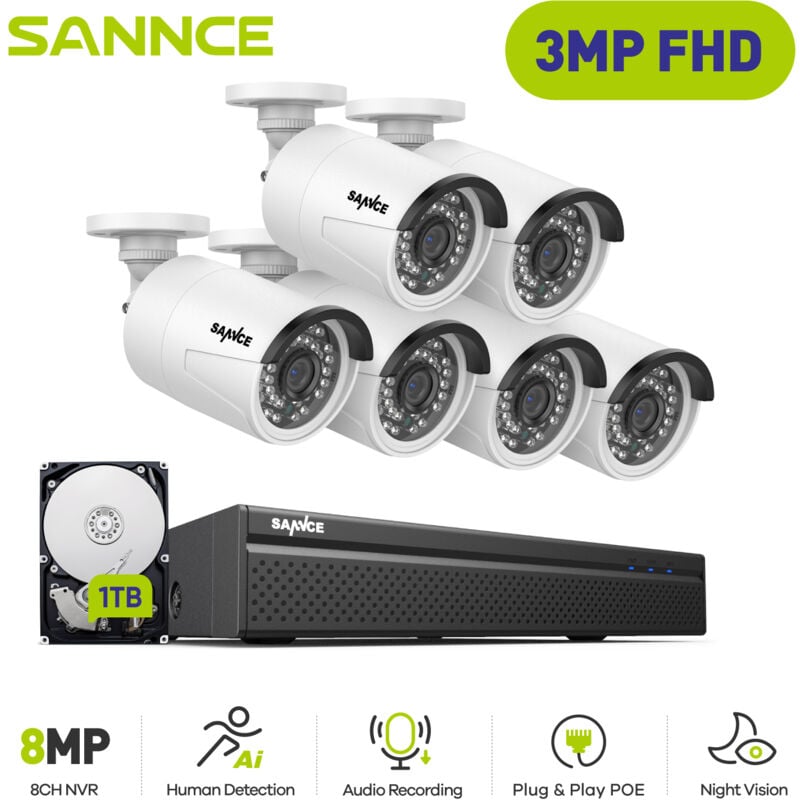 foto del prodotto kit di videosorveglianza esterna 3mp 6 telecamere ip visione notturna ir intelligente, kit telecamera di sorveglianza cablata rilevamento movimento