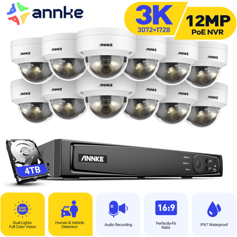 foto del prodotto kit di videosorveglianza esterna cablata 3k, nvr 16ch e telecamera poe 12x5mp, doppia luce intelligente, rilevamento persone veicoli, visione