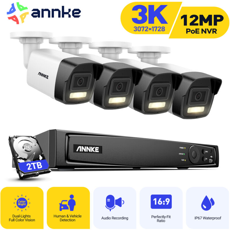 foto del prodotto kit di videosorveglianza esterni 12mp h.265 nvr con 2tb e 4 telecamere 5mp impermeabili rlevamento movimento allarme email accesso remoto annke