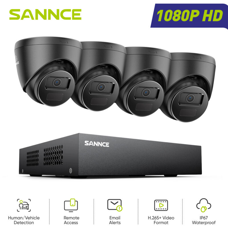 foto del prodotto kit di videosorveglianza esterni 8ch 1080p 4 telecamere turret 2mp,sistema di telecamere di sicurezza cablato visione notturna accesso remoto sannce