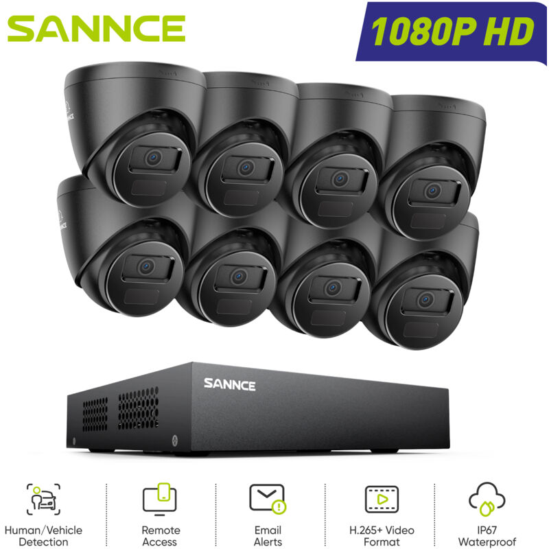 foto del prodotto kit di videosorveglianza esterni 8ch 1080p 8 telecamere turret 2mp,sistema di telecamere di sicurezza cablato visione notturna accesso remoto sannce