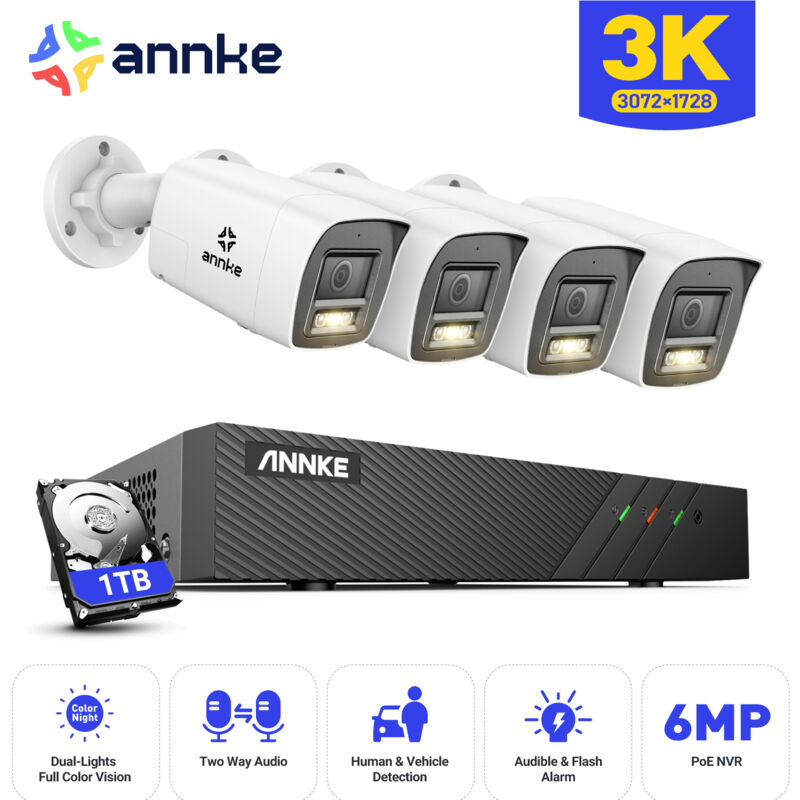 foto del prodotto kit di videosorveglianza esterno 4 5mp ip telecamere audio bidirezionale,rilevamento movimento,visione notturna colori,app pc remota