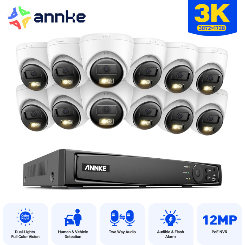 foto del prodotto kit di videosorveglianza esterno 5mp 16ch con 12 telecamere ip, audio bidirezionale,visione notturna ir, rilevamento intelligente movimento, avviso