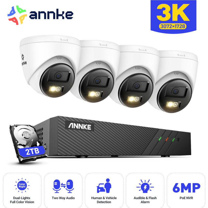foto del prodotto kit di videosorveglianza poe esterno 4 5mp ip telecamere visione notturna colori,audio bidirezionale,rilevamento movimento, app pc telecomando 2tb