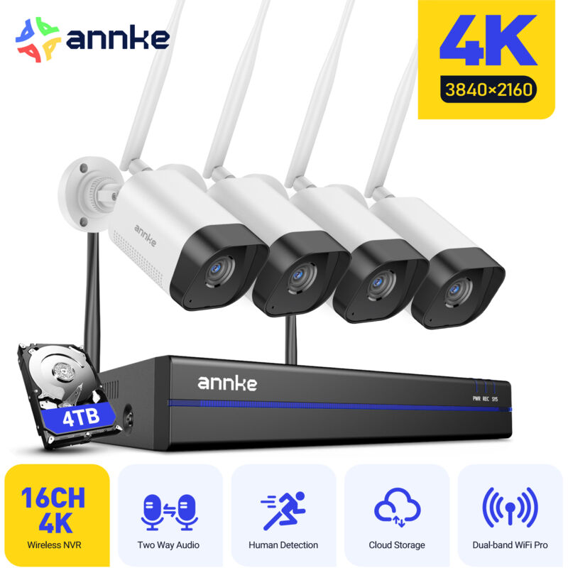 foto del prodotto kit di videosorveglianza wireless 8mp, 16 canali con 4 telecamere, audio bidirezionale, visione notturna, rilevamento movimento, 4tb annke
