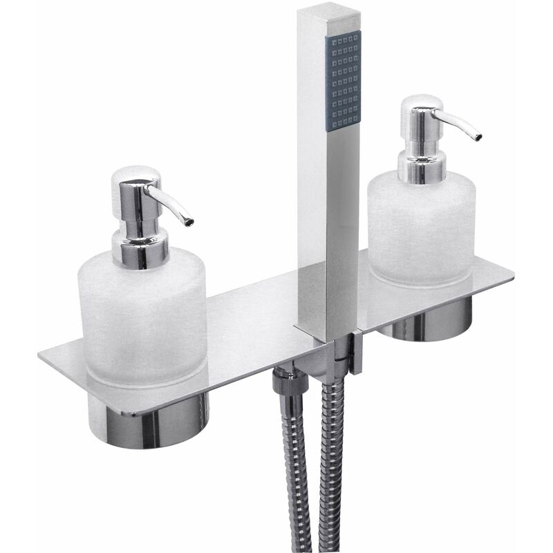 foto del prodotto kit doccia modello quadro con presa acqua, doccetta e mensola con dispenser tecom genius dkitdgsq cromo