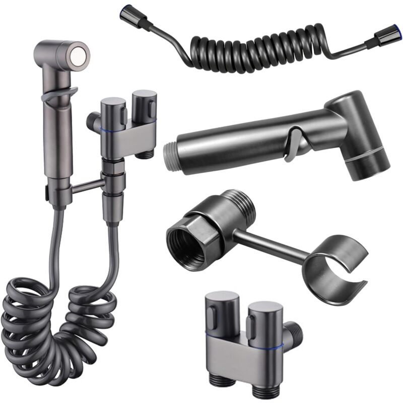 foto del prodotto kit doccia per wc, doccia per wc con valvola a 3 vie, anima in ottone, con rubinetto di arresto, kit doccia per wc, bidet, kit wc, grigio pistola,