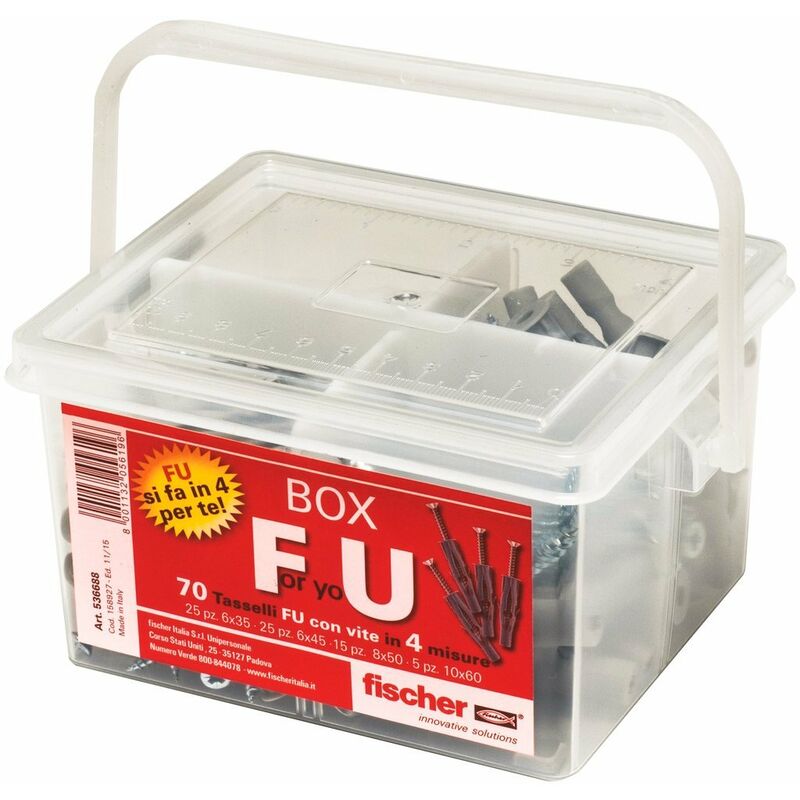 foto del prodotto kit for you box, 70 tasselli fu con vite per muro pieno, cartongesso e lastre, 536688, grigio fischer