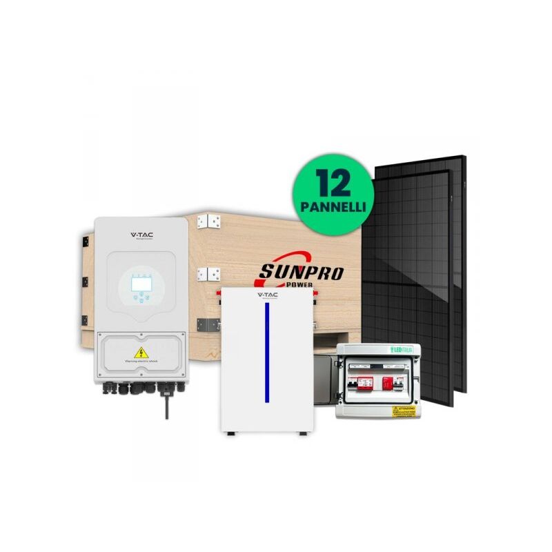 foto del prodotto kit fotovoltaico monofase completo 5kw con 12 moduli 410w, batteria di accumulo 6.14kwh, inverter ibrido 5kw, quadro ac dc monofase 5kw 1 stringa 1