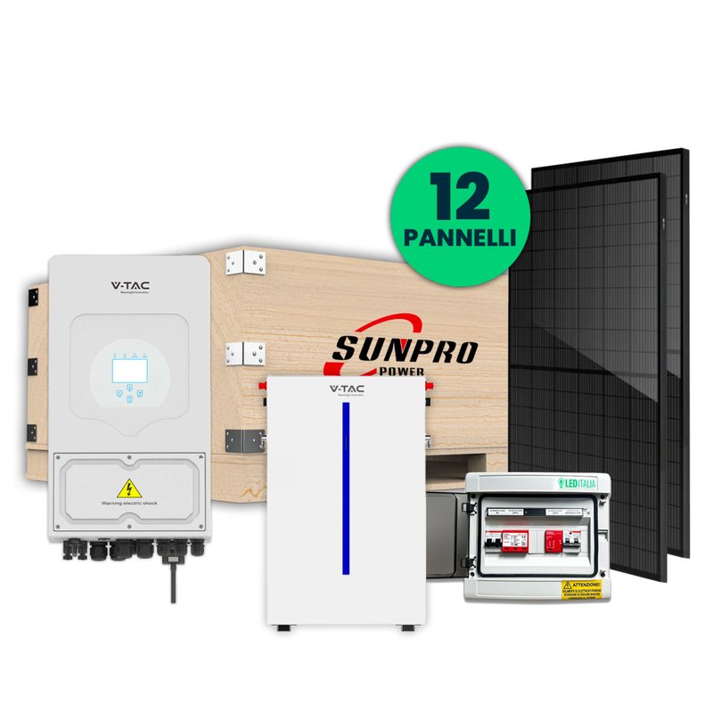 foto del prodotto kit fotovoltaico monofase completo 5kw con 12 moduli 410w, batteria di accumulo 6.14kwh, inverter ibrido 5kw, quadro ac dc monofase 5kw 1 stringa 1 mppt