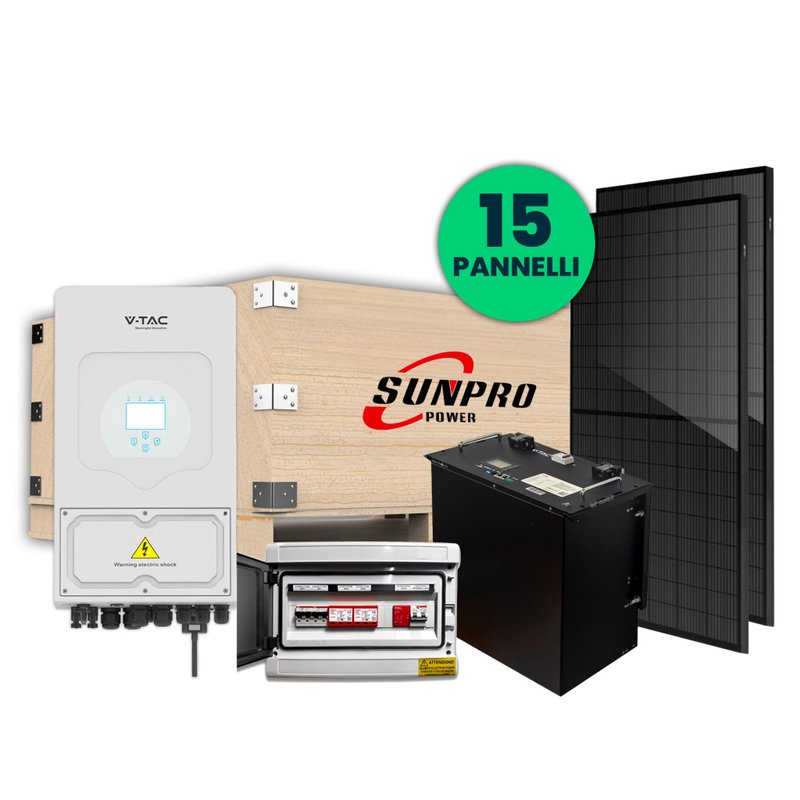 foto del prodotto kit fotovoltaico monofase completo 6kw con 15 moduli 410w batteria 10kwh, batteria di accumulo 9.6kwh, inverter ibrido 6kw, quadro ac dc monofase 6kw 2 stringhe 2 mppt
