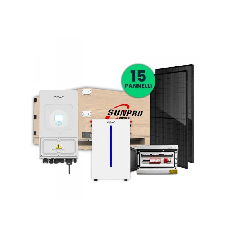 foto del prodotto kit fotovoltaico monofase completo 6kw con 15 moduli 410w, batteria di accumulo 6.14kwh, inverter ibrido 6kw, quadro ac dc monofase 6kw 2 stringhe 2