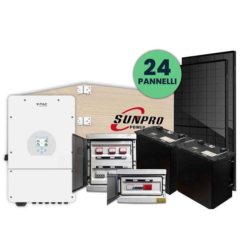 foto del prodotto kit fotovoltaico trifase completo 10kw con 24 moduli 400w, batteria di accumulo 20kwh, inverter trifase ibrido 10kw, quadro ac quadro dc 10kw da trifase