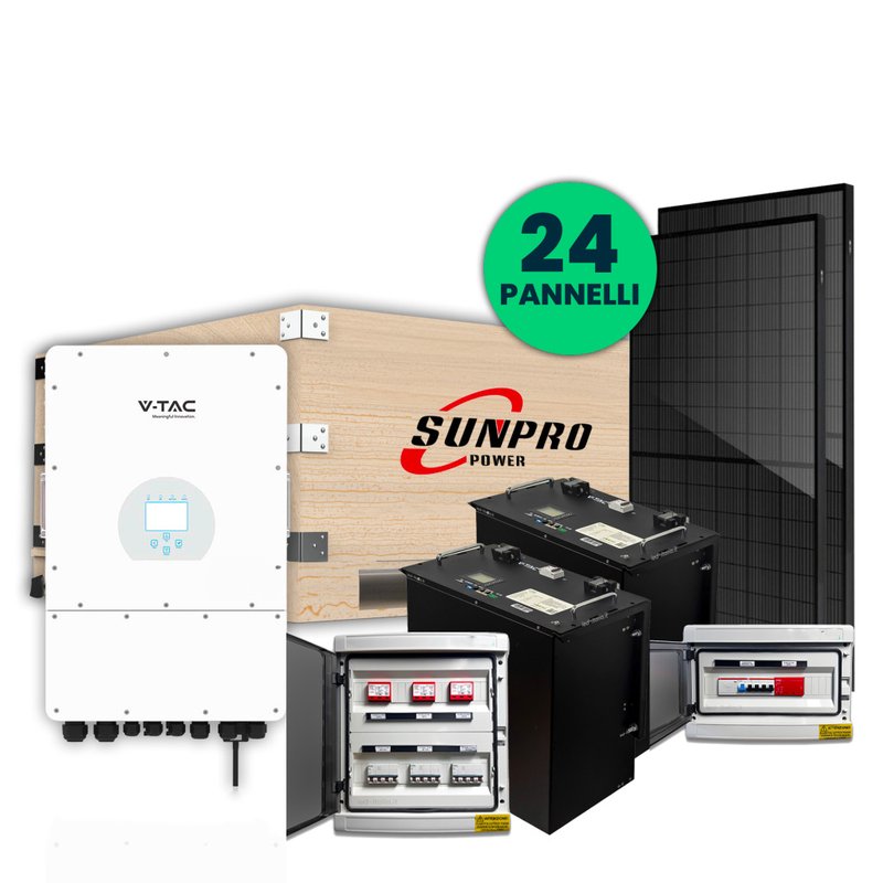 foto del prodotto kit fotovoltaico trifase completo 10kw con 24 moduli 410w, batteria di accumulo 20kwh, inverter trifase ibrido 10kw, quadro ac quadro dc 10kw da trifase