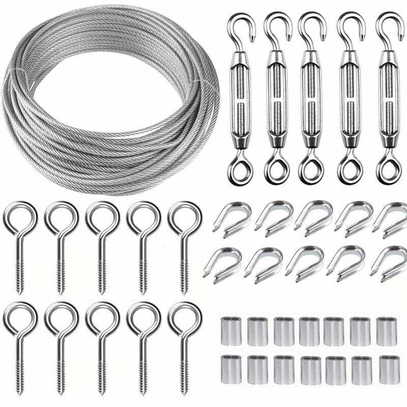 foto del prodotto kit fune metallica in acciaio inossidabile da 50 m 2 mm con tenditore per filo resistente m5, kit rotolo di filo per recinzione, kit guardrail per