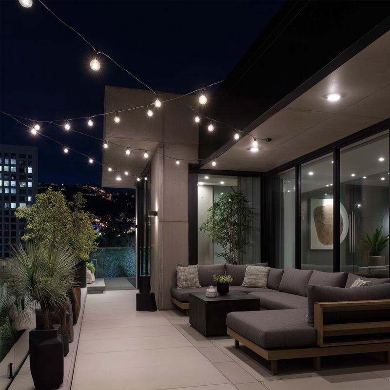 foto del prodotto kit ghirlanda luci per esterno ip44 10m nero 10 lampadine filamento led b22 2w g45 4000k bianco naturale