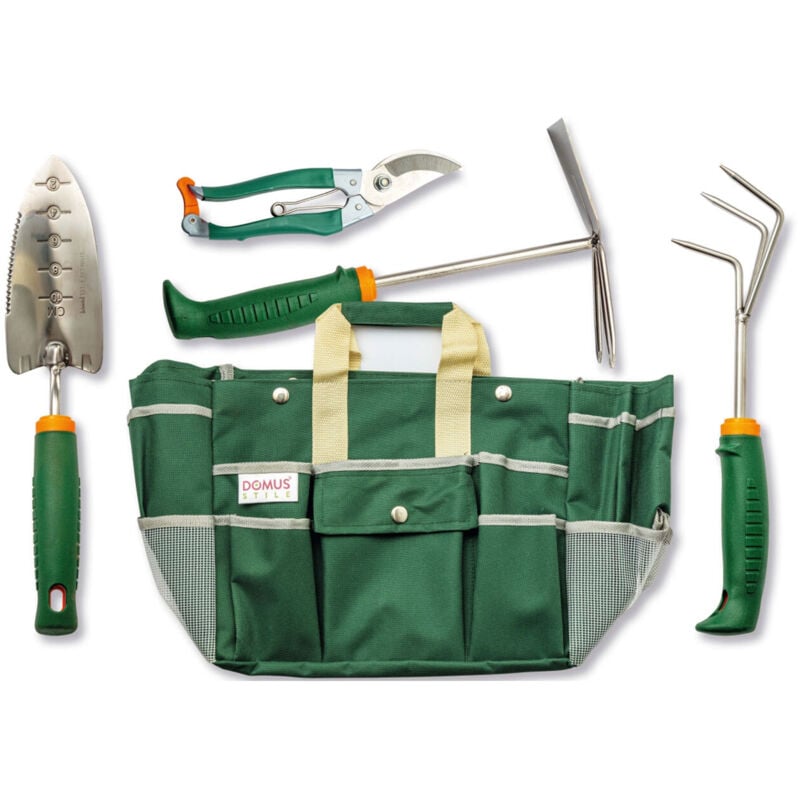 foto del prodotto kit giardinaggio potatura 4 attrezzi con borsa verde
