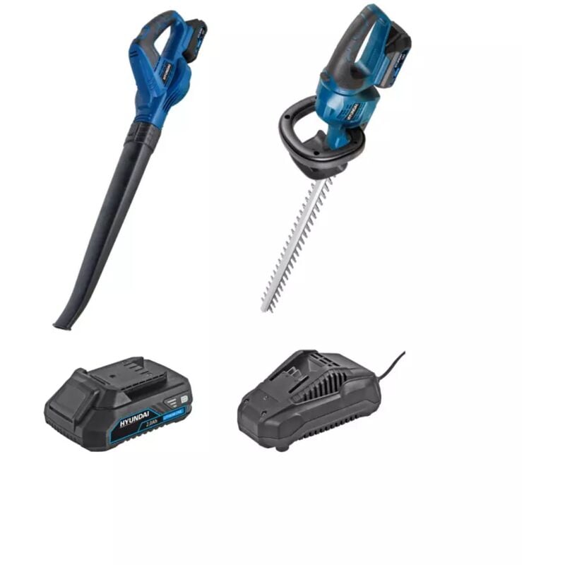 foto del prodotto kit hyundai tagliasiepi e soffiatore a batteria 20v 2ah e caricabatterie
